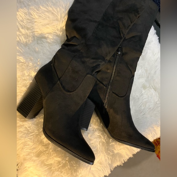 Knee High Boots Stacked Block Heel, Closed Pointed Toe Riding Boots - Picture 4 of 7